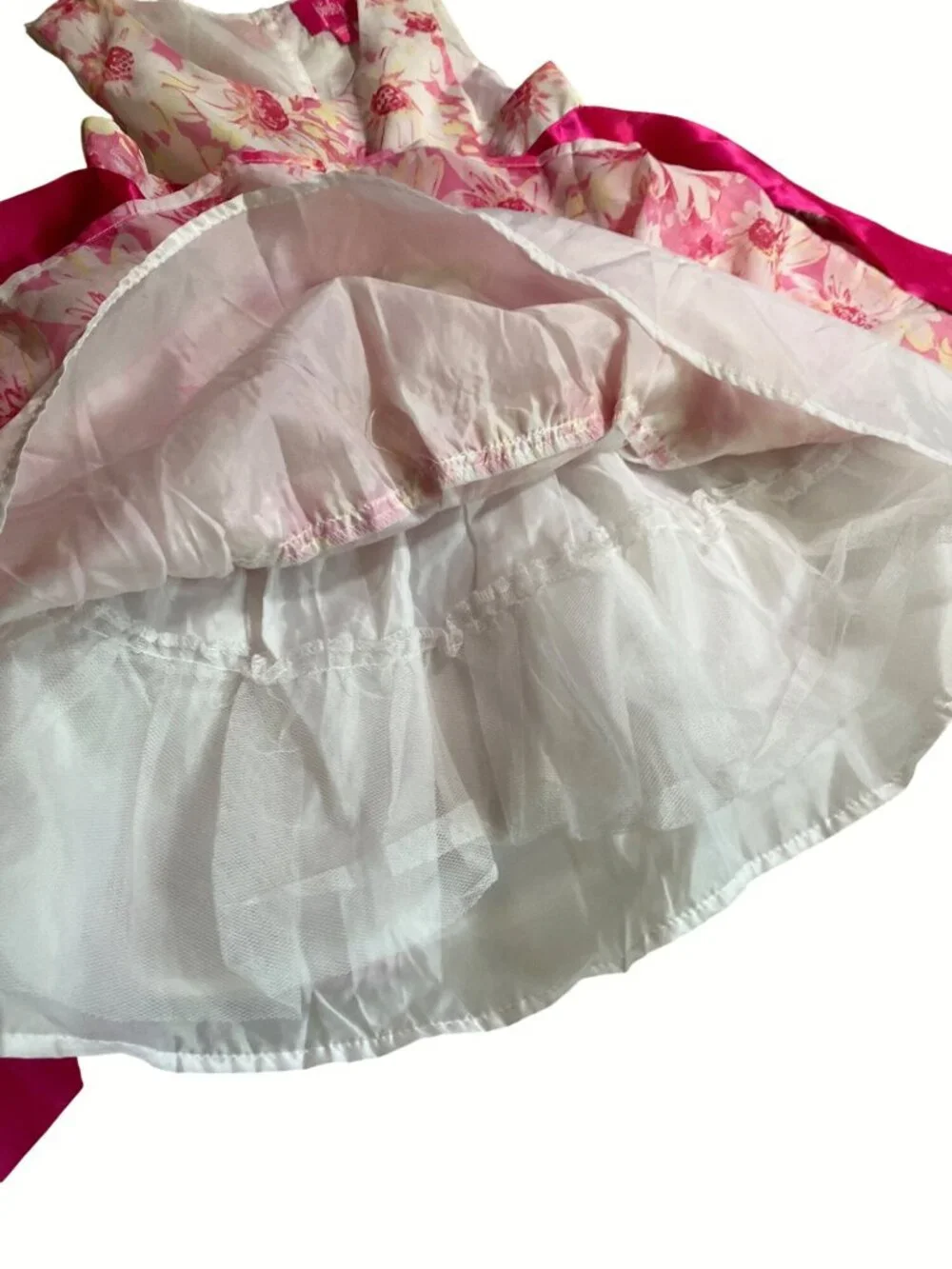 Pink White Floral Sleeveless Tiered Girls Dress With Pink Sash & Flower Size 4